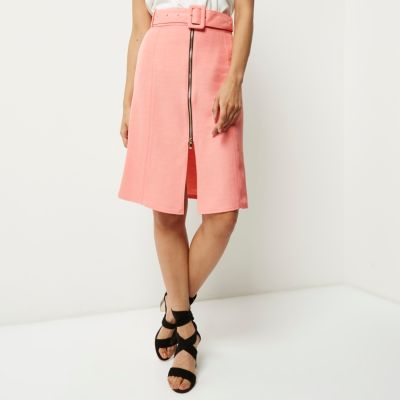 Pink belted A-line midi skirt